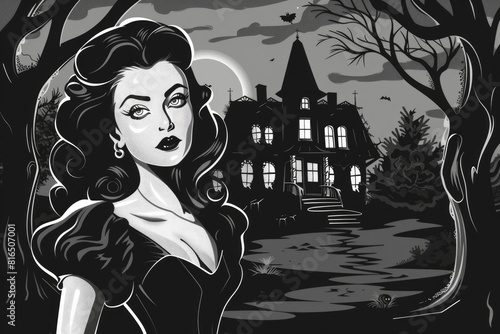 A woman in a black dress standing in front of a house. Suitable for fashion or lifestyle concepts