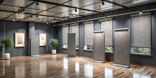 A conceptual interior design with an emphasis on exhibition space, featuring a gallery wall with mock-up banners and linear blinds against empty, dark gray walls.