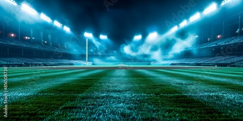 Outdoor baseball stadium with illuminated field empty stands and no players. Concept Baseball, Stadium, Night, Lights, Empty