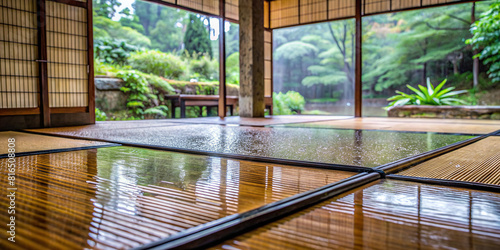 A close-up of rain-soaked tatami mats inside a Japanese house, reflecting the enduring spirit of Japanese culture amidst nature's elements.
