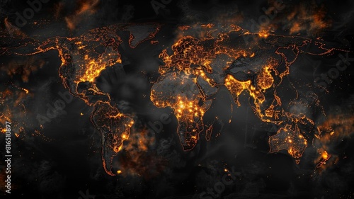 A global map with orange hotspots representing areas most affected by global warming, emphasizing the urgency of climate change, The images are of high quality and clarity
