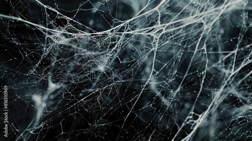 Close up view of eerie white spider web on dark backdrop