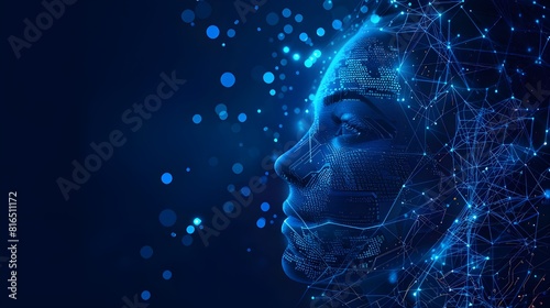 Big data and artificial intelligence concept. Machine learning and cyber mind domination concept in form of women face outline outline with circuit board and binary data flow on blue background. 