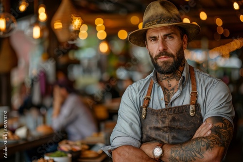 A rugged man with tattoos and a beard wearing a leather apron and a hat stands confidently in a bustling market. He exudes a strong and tough demeanor while showcasing a serious expression.