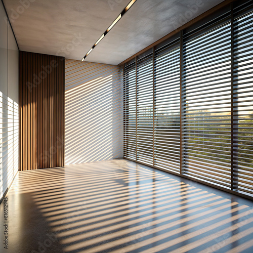 A gallery space with linear blinds casting shadows on the floor, adding depth and dimension to the minimalist design.