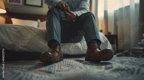 A man sitting on top of a bed wearing brown shoes. Suitable for home decor or fashion blogs