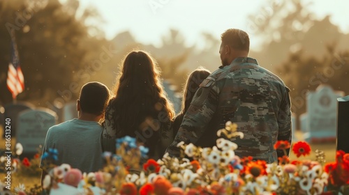 Memorial Day : A family visiting a cemetery on Memorial Day, placing flowers on a grave