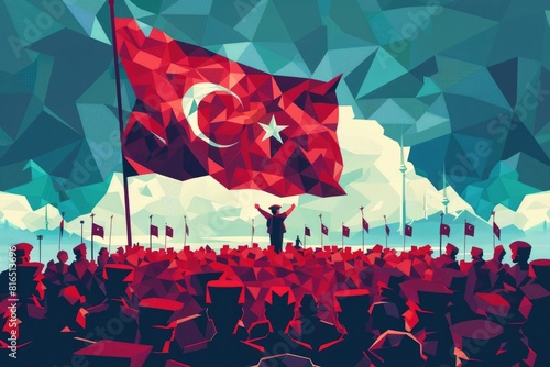 A large crowd of people waving a Turkish flag. Suitable for patriotic and national pride concepts