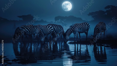 Enthralling image of zebras drinking from a waterhole under the glow of a full moon, their silhouettes bathed in the soft light as they quench their thirst under the night sky.