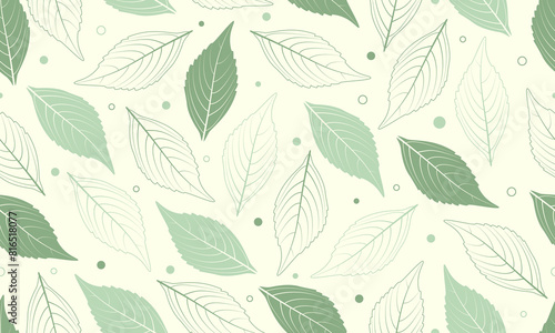 Pastel green leaves seamless pattern on light yellow background. Vector Repeating Texture.