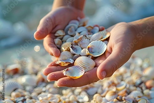 a person holding a handful of seashells in their hands