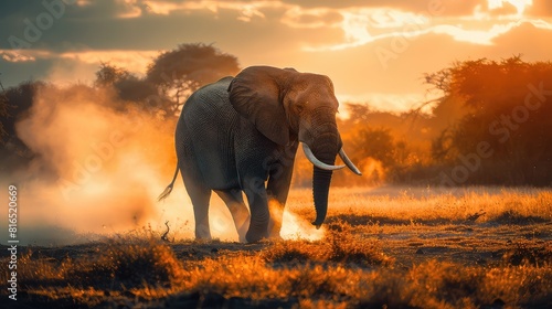 A captivating photo capturing the tranquility of an African elephant as it walks through the serene landscapes of National Park.