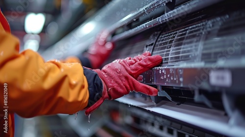 Close Up of Worker Wearing Red Gloves Servicing and Cleaning Air Conditioning Unit. Repair, Maintenance, HVAC, Technician, DIY and Home Improvement Concepts