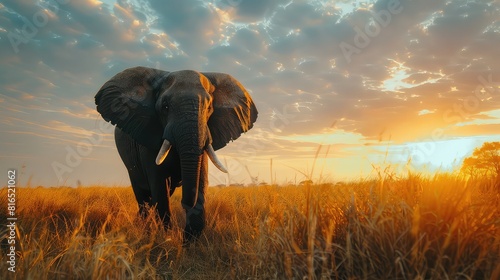 A captivating shot of a mighty African elephant roaming freely in National Park,its trunk elegantly swinging as it moves, capturing the essence of wildlife in mesmerizing 8K.