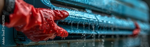 Close Up of Worker Wearing Red Gloves Servicing and Cleaning Air Conditioning Unit. Repair, Maintenance, HVAC, Technician, DIY and Home Improvement Concepts