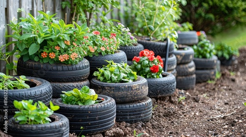 Old used black tires are reused as a various flower pots in the garden