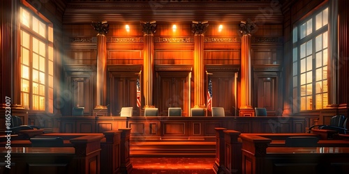 American courtroom before trial with grand wooden interior judges bench and tables. Concept Courtroom Interior Design, Legal System, Judicial Proceedings, Courtroom Decor