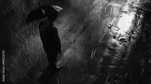 Portray the vulnerability of heartache through a high-angle view of a solitary figure in the rain Emphasize the isolation and sorrow with a contrast of light and shadow