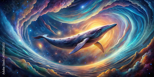 A surrealistic artwork showcasing a dreamlike scene of a cosmic whale diving into a swirling vortex of cosmic energy, creating a mesmerizing spectacle.