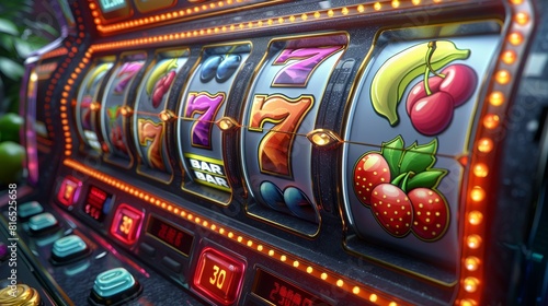 An animated cartoon design for a slot machine game screen featuring plums, bananas, cherries, blueberries, pears, lemons, and strawberries.