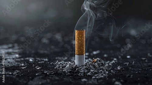 Lit cigarette producing smoke against a dark background. Conceptual image symbolizing World No Smoking Day with copy space. Generative AI