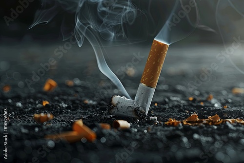A cigarette is burning on the ground, creating smoke. World No Smoking Day concept banner with copy space. Abstract background. Generative AI