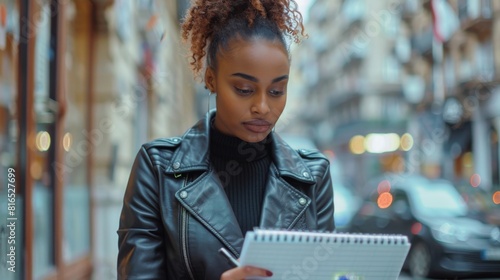 Focused African American woman taking notes outdoors in a bustling city scene