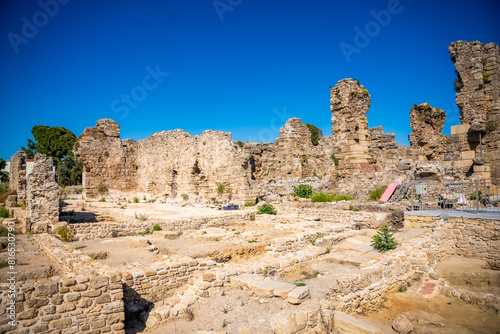 Ruins of Agora, ancient city in Side in sunny summer day, Turkey