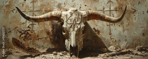Rustic longhorn skull with native american motifs