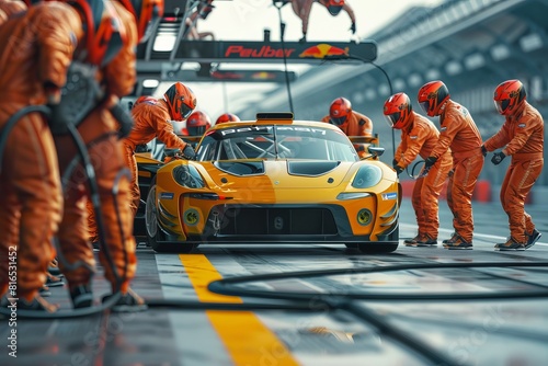 A professional pit crew ready for action as their team's Formula 1 car arrives in the pit lane during a pit stop, showcasing ultimate teamwork.