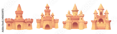 Cartoon sandcastle with tower, gate and window for summer beach vacation and children play concept. Vector illustration set of palace sculpture made of yellow shore sand. Summertime activity elements.