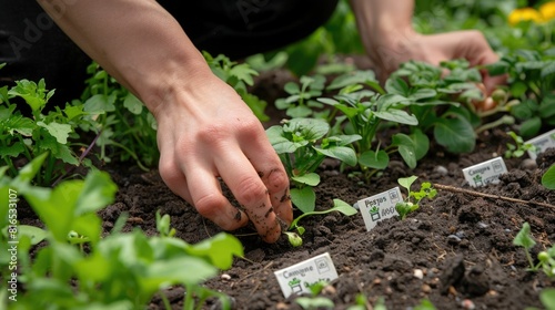 Hands Tending to an Organic Vegetable Garden with Labeled Plantings for Sustainable Growth and Harvest