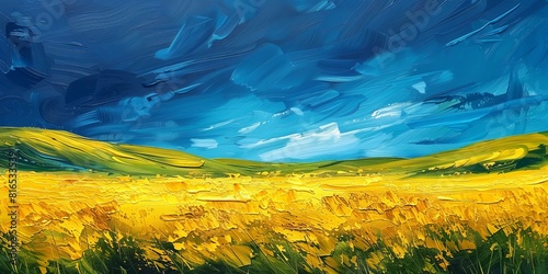 Dynamic contrast of vivid yellow rapeseed fields against rich green grass under a deep blue sky,