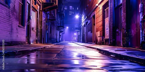 Nighttime urban alleyway with atmospheric lighting damp streets and weathered architecture. Concept Urban Photography, Nighttime Shoot, Atmospheric Lighting, Damp Streets, Weathered Architecture