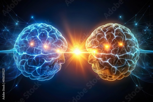 two brains connected with glowing line. Telepathy and mind connection