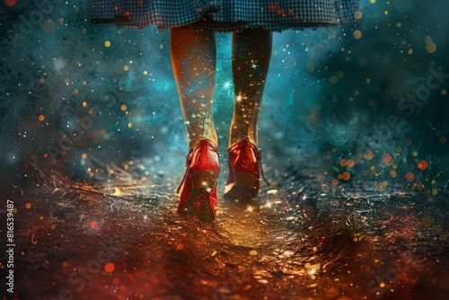 Dorothy's magical ruby slippers sparkle and shine as she embarks on her journey to find her way back home to Kansas.