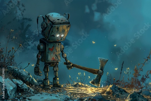 The Tin Man, with his trusty axe in hand, bravely sets out on a quest to find the heart he so desperately desires. 