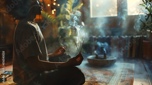 A young woman sits in meditation pose, holding a bundle of burning incense