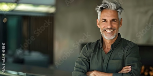 Happy older man with gray hair smiling standing with arms crossed. Concept 1, Elderly Happiness.2, Gray Hair .3, Smiling Pose .4, Arms Crossed .5, Joyful Expression