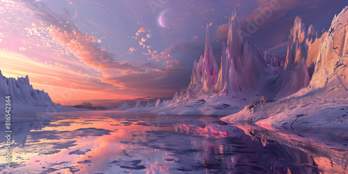 sunset with ocean space background fantasy,Fantasy landscape with sandy glaciers and purple cry vector illustration
