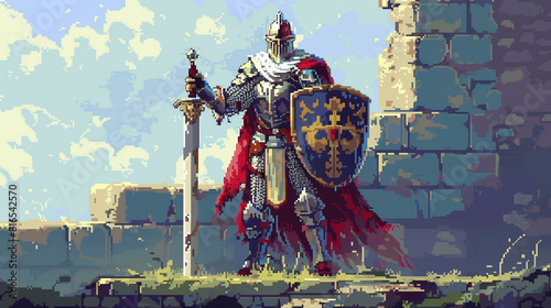 A valiant knight in shining armor, wielding a gleaming sword and shield adorned with his family crest, pixelart
