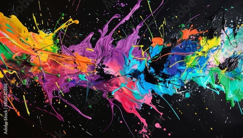 Vibrant colorful paint splashes with a black background in the style of an abstract expressionist painting. 