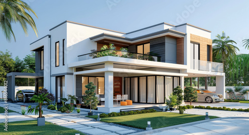 3D modern style Kerala house design with square shape, front elevation