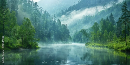 Landscape of a forest valley with a river covered in fog in the morning****