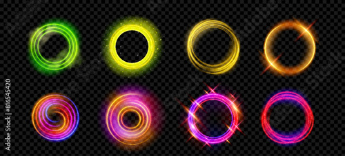 Neon light glow effect on abstract magic halo ring. 3d futuristic circular frame in red, pink, green and yellow. Electric beam and circle aura isolated on transparent background. Fantasy orb hole