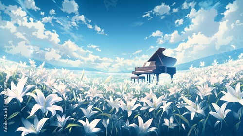 白いユリの花畑に佇むグランドピアノ