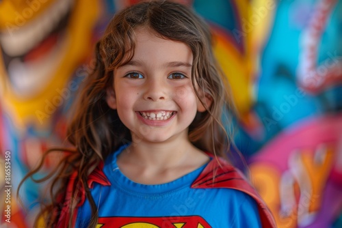 Happy child in superhero costume with vibrant background smiling