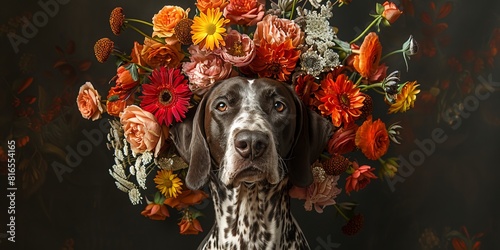 Portrait of a german shorthaired pointer wearing a floral headdress