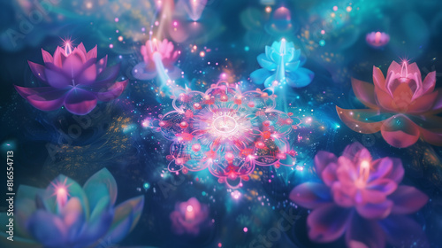 Chakra Awakening: A digital illustration portraying the process of chakra awakening, with the seven energy centers depicted as blossoming flowers or expanding spheres of light with