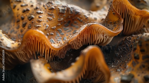 Close-Up of Textured Mushroom Cap. Macro photograph showcasing the unique texture and patterns of a mushroom cap with a focus on its detailed surface.
